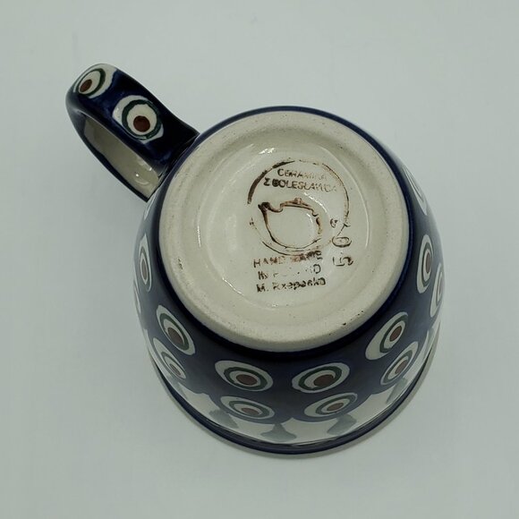 Polish Pottery Peacock Leaves Mug Peacock Blue Circles Green Stripes Mugs - Picture 6 of 7